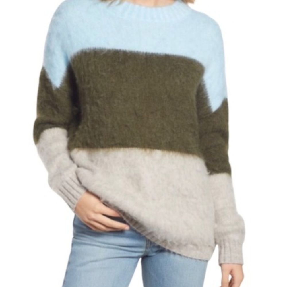 BP. Blue Trixie Multi Stripe Oversize Brushed Pullover Sweater Size S NWT